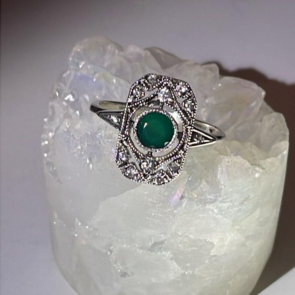 10K white gold green onyx art deco ring